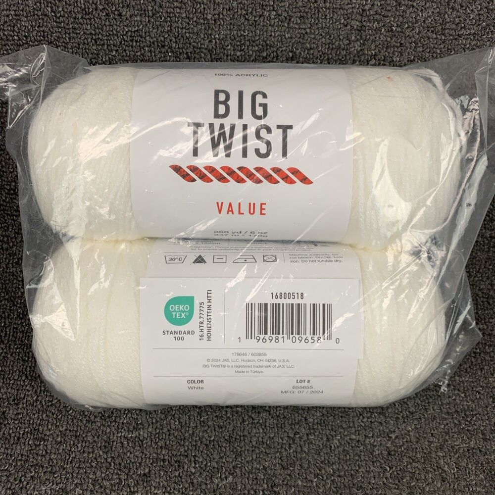 Lot Of 2 BIG TWIST Value Yarn White Acrylic Yarn 380 Yards 6oz.  #4 Worsted